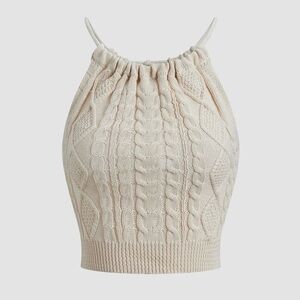COMMENSE Beige Drawstring Open Back Cable Knit Halter Crop Top - Size Medium